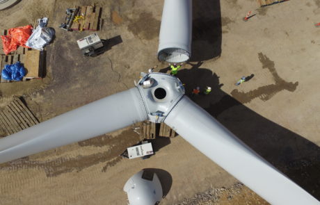 Aerial photograph of a wind turbine being assembled